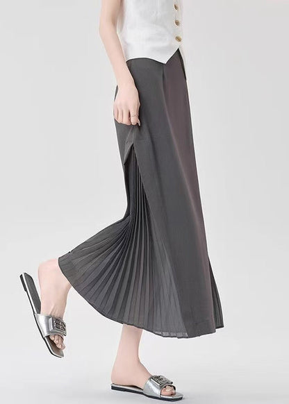 Classy Grey Patchwork Wrinkled Chiffon a Line Skirt Fall