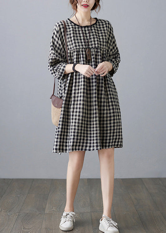 O-neck Wrinkled Pocket Plaid Linen Loose Dresses Half Sleeve