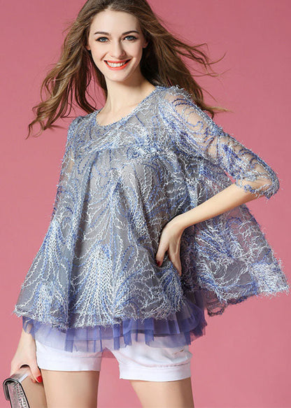 French Blue O-neck Embroideried Hollow Out Tulle a Line Tops Spring