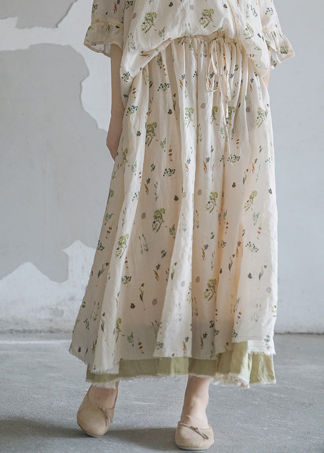 Brief White Elastic Waist Drawstring Print Linen Skirts Spring