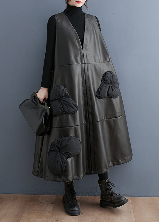 Black V Neck Stereoscopic Faux Leather Long Dress Winter
