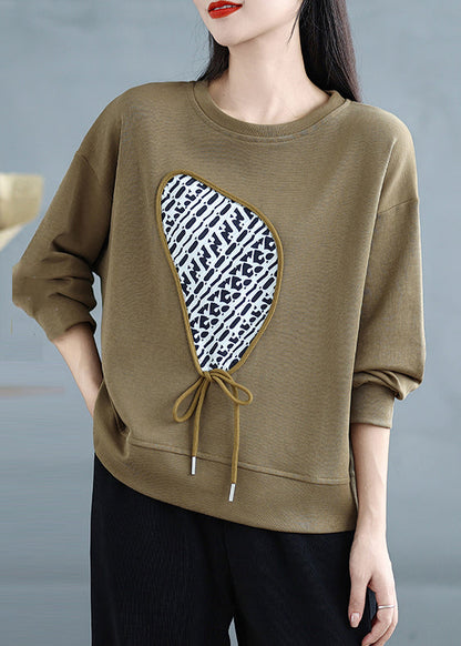 Khaki Print Cotton Pullover Tasseled Spring