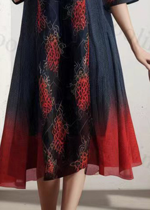 Gradient Color Blue O-neck Print Silk Long Dresses Short Sleeve