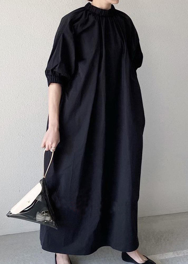 Navy Back Zippered Cotton Maxi Dress Half Sleeve