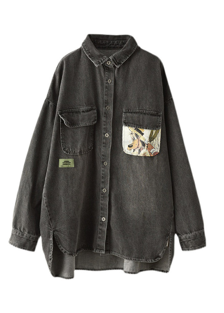 Black Peter Pan Collar Print Cotton Denim Shirt Long Sleeve