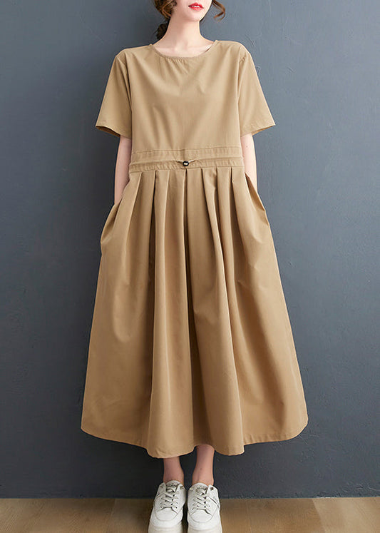 Khaki O-neck Wrinkled Drawstring Maxi Dresses Short Sleeve