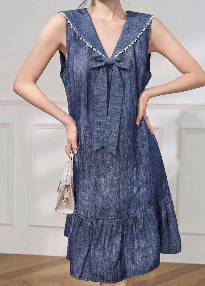 Blue Bow Linen Maxi Dresses Sleeveless