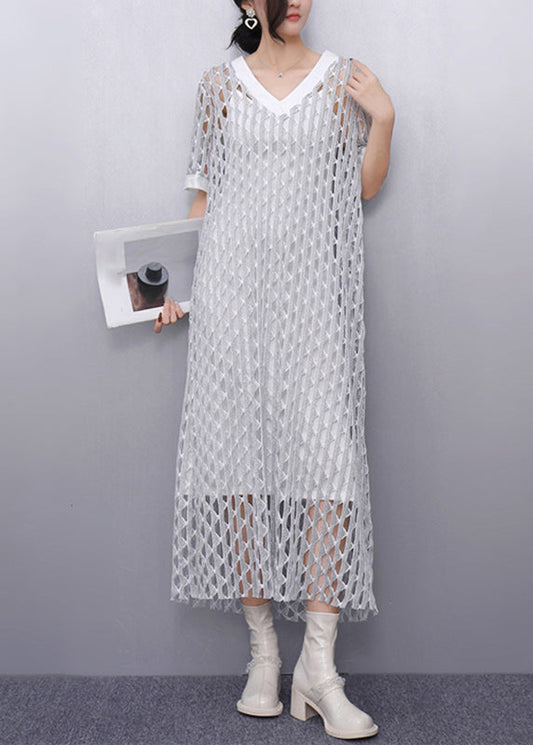 Art Silk V Neck Sheer Vacation Long Dresses Summer