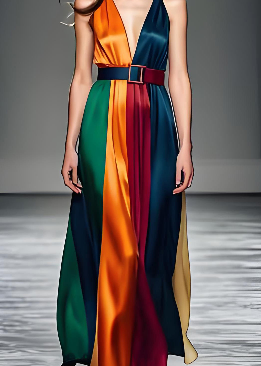 Colorblock V Neck Tie Waist Silk Long Dress Sleeveless