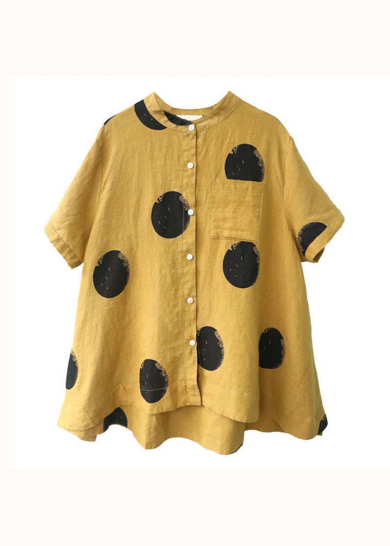 Red Dot Print Patchwork Linen Top Button Stand Collar Summer