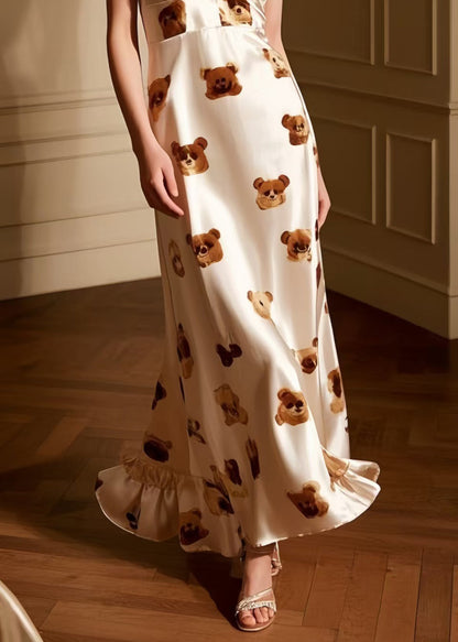 Litter Bear Print Draping Silk Spaghetti Strap Dress Summer
