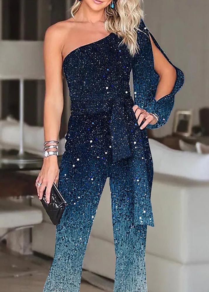 Gradient Blue One Shoulder Asymmetrical Design Sequins Two Pieces Set Summer