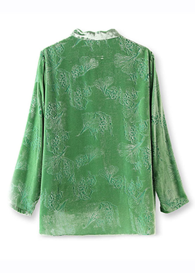 Green Stand Collar Low High Design Silk Velour Tops Long Sleeve