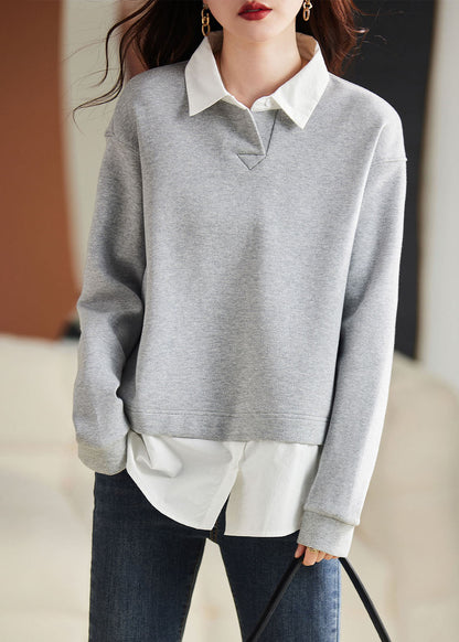 Coffee Peter Pan Collar Patchwork Fake Two Pieces Pullover Long Sleeve