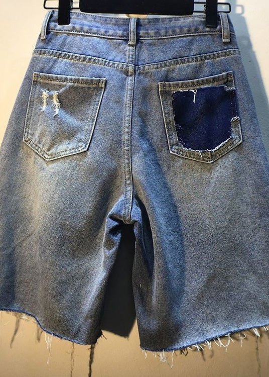 Unique Blue Nail Bead Patchwork High Waist Ripped Shorts Jeans Summer