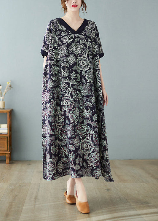 Loose Navy V Neck Print Side Open Dresses Short Sleeve