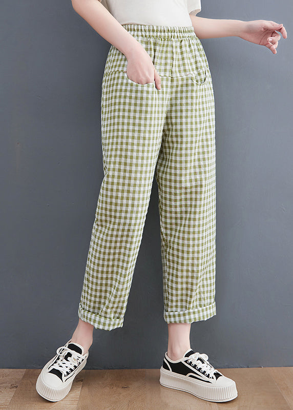 Green Plaid Elastic Waist Plaid Linen Pants Spring