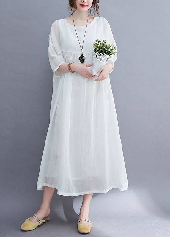 White O-neck Wrinkled Extra Large Hem Long Dress Half Sleeve