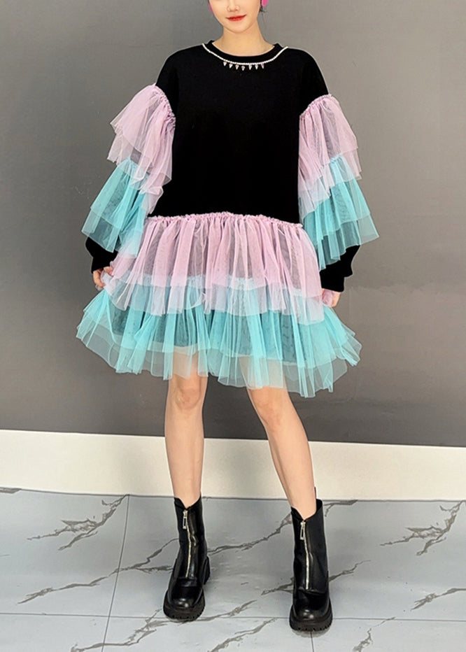 Black O Neck Tulle Patchwork Cotton Mid Dress Fall