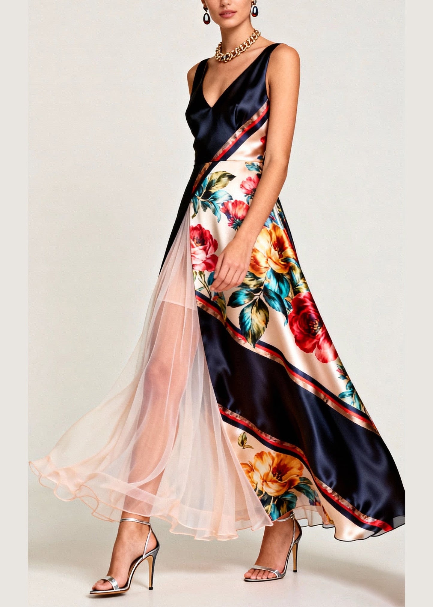 V Neck Print Tulle Patchwork Silk Long Dress Sleeveless