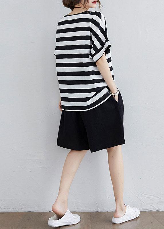 Simple Black White Striped Side Open Two Pieces Set Summer Cotton
