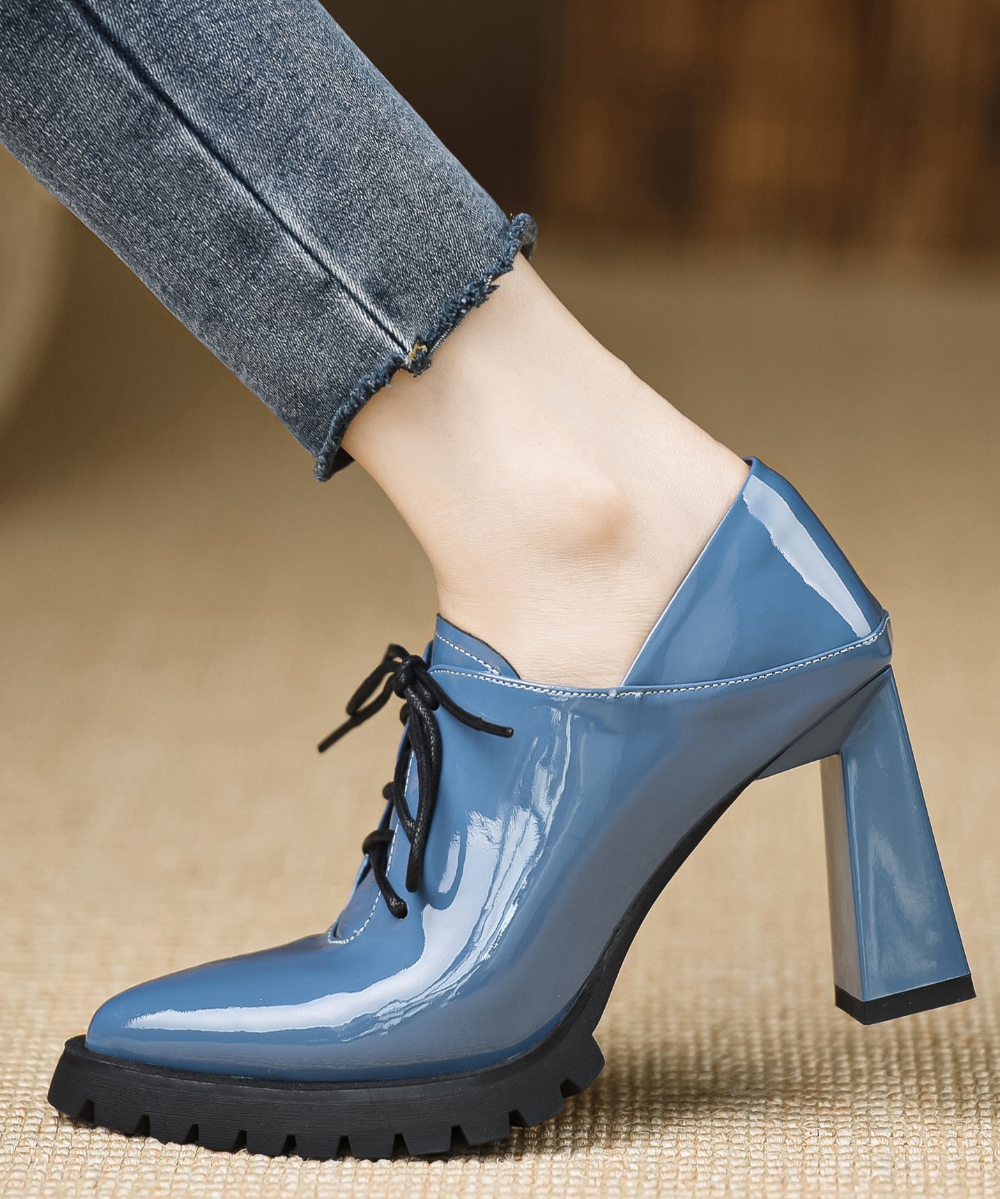 Splicing Cross Strap Chunky Blue Soft Cowhide Leather