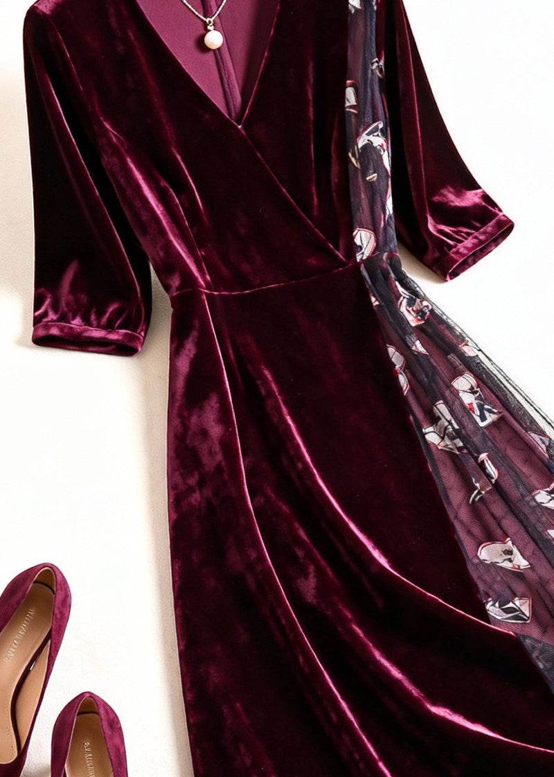 Wine Red Print Tulle Patchwork Silk Velvet Dress Summer