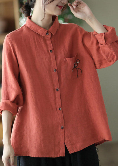 Red Peter Pan Collar Embroideried Button Linen Shirt Long Sleeve