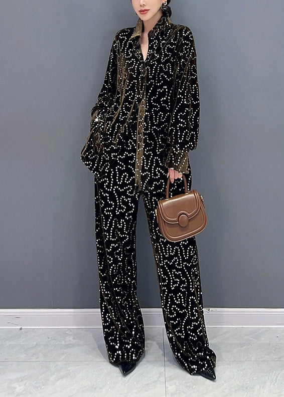 Italian Blue Sequins Tops and Pants Velour Two Piece Suit Set Fall