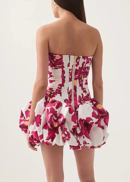 Slim Fit Rose Strapless Print Wrinkled Cotton Mid Dress Sleeveless