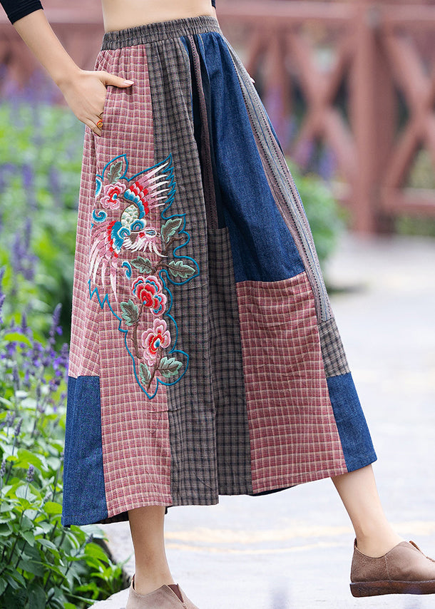 Blue Embroideried Plaid Patchwork Elastic Waist a Line Skirt Summer