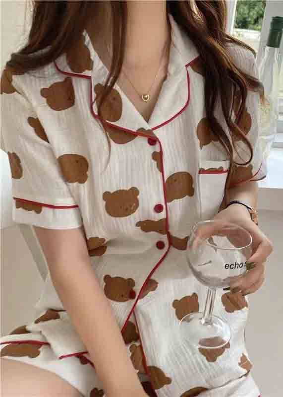 Oversized Bear Print Cotton Pajamas Two Pieces Set Summer