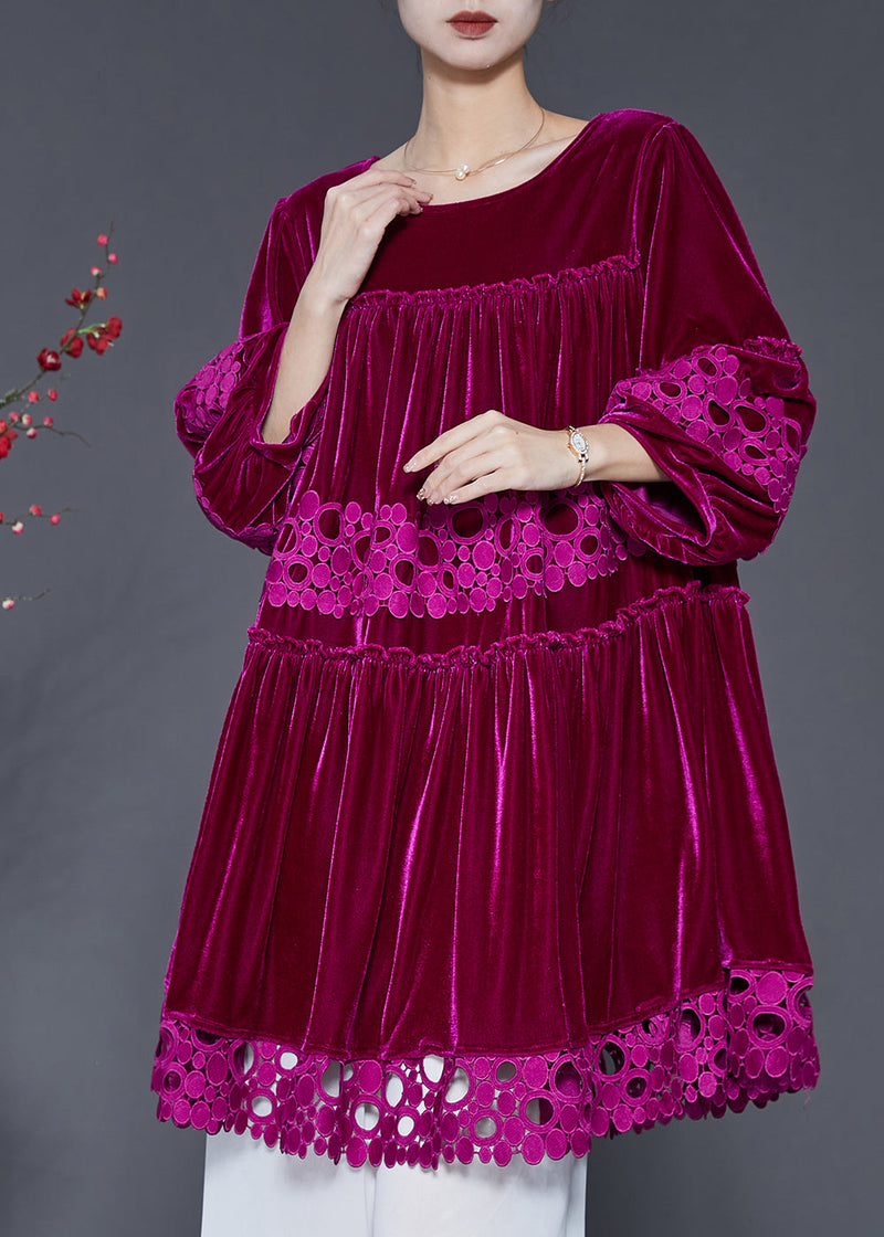 Rose Patchwork Lace Silk Velour Dress Oversized Lantern Sleeve