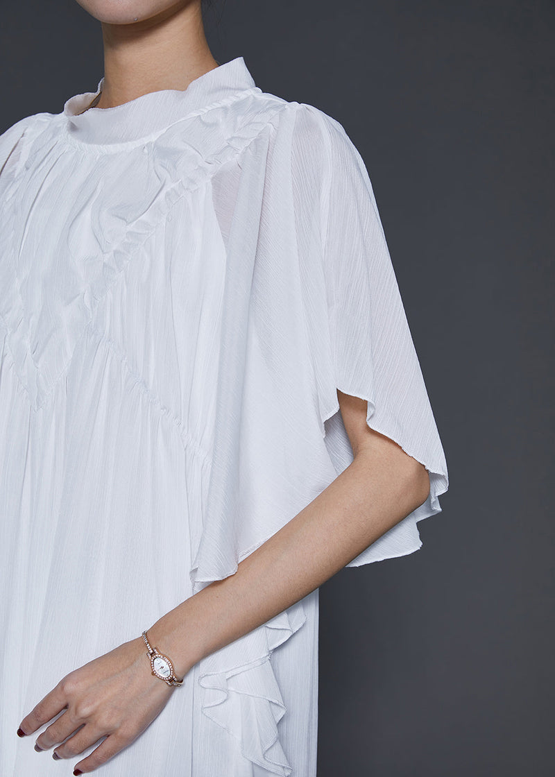 White Wrinkled Chiffon Long Dresses Butterfly Sleeve