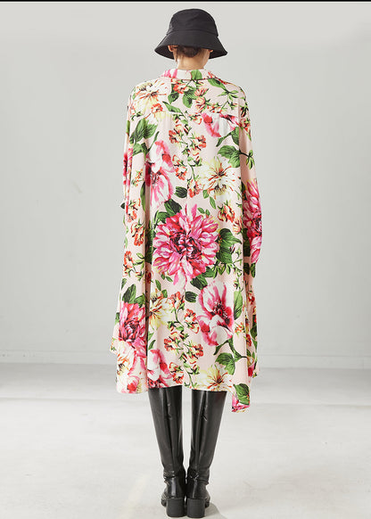 Apricot Print Low High Design Chiffon Shirt Dresses Spring