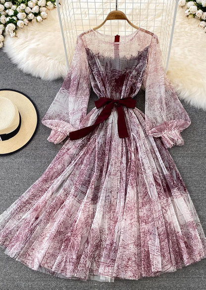 Diy Mulberry O-neck Print Tulle Long Dress Long Sleeve