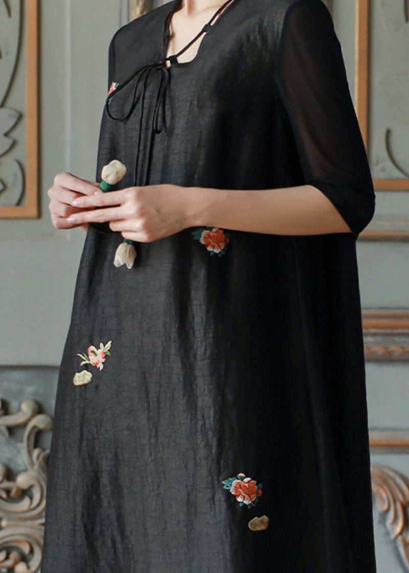 Black V Neck Embroideried Patchwork Silk Dress Summer