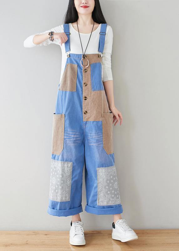 French Baby Blue Patchwork Jeans Jumpsuit