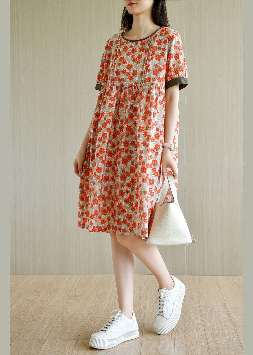 Red Loose O-neck Print Summer Cotton Sundress Short Sleeve