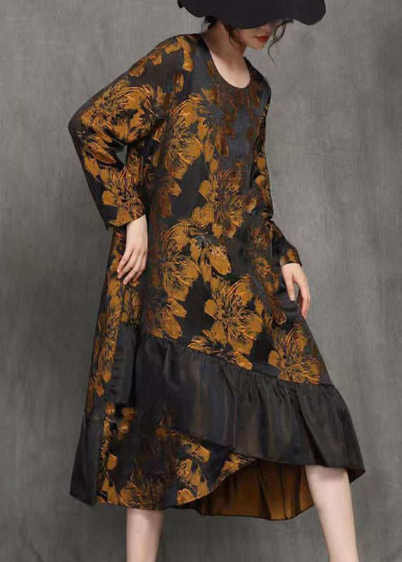 Loose Yellow O-neck Print Patchwork Long Dress Spring