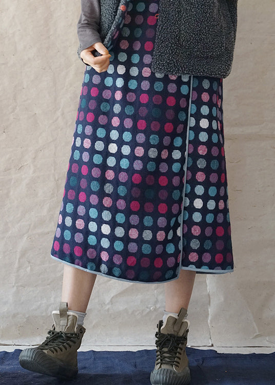 Fine Blue Elastic Waist Asymmetrical Design Dot Woolen Skirt Spring
