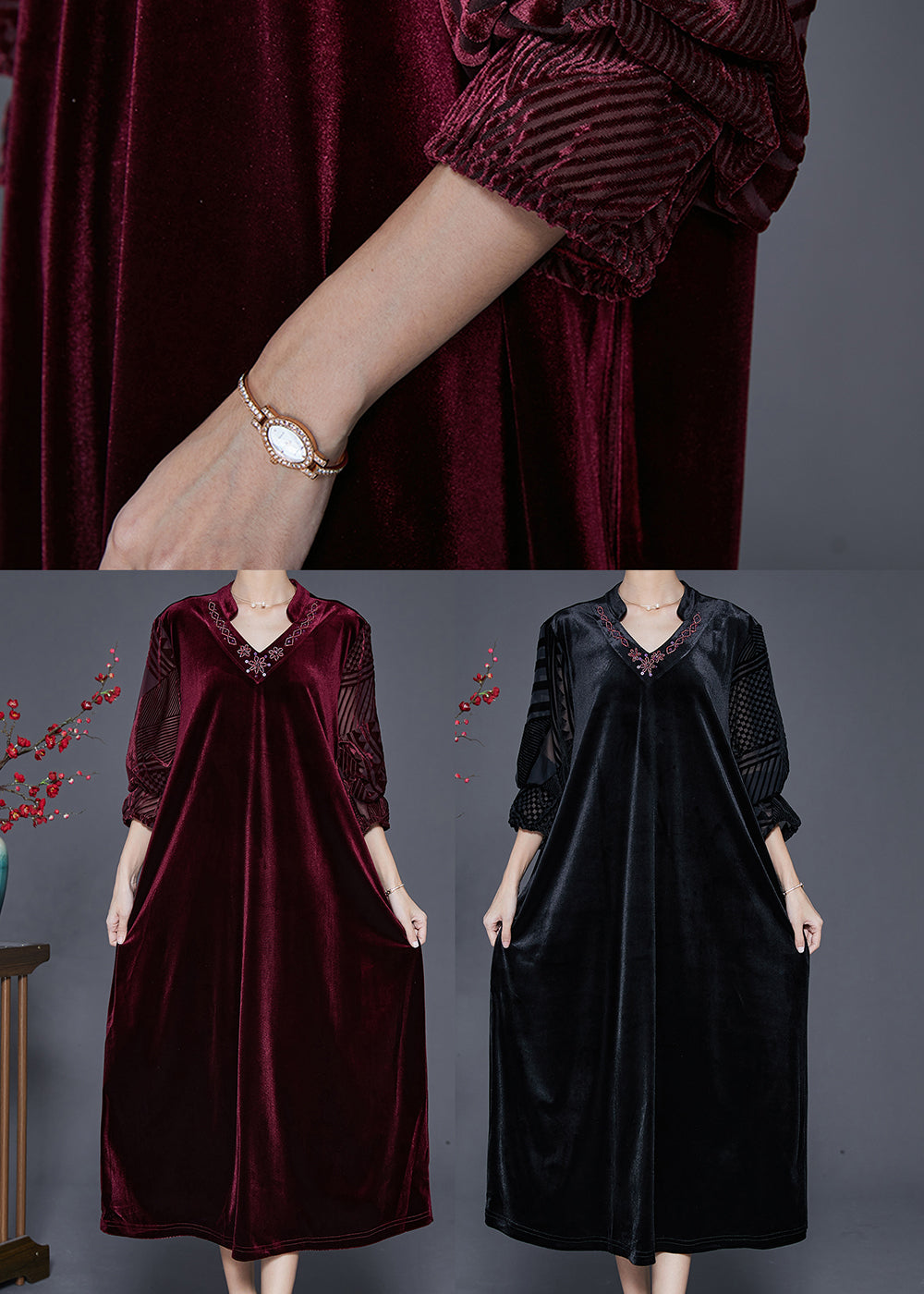 Natural Mulberry V Neck Silk Velour Maxi Dresses Fall
