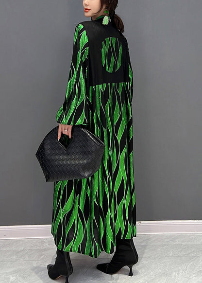 Green V Neck Patchwork Tassel Button Velour Maxi Dresses Fall