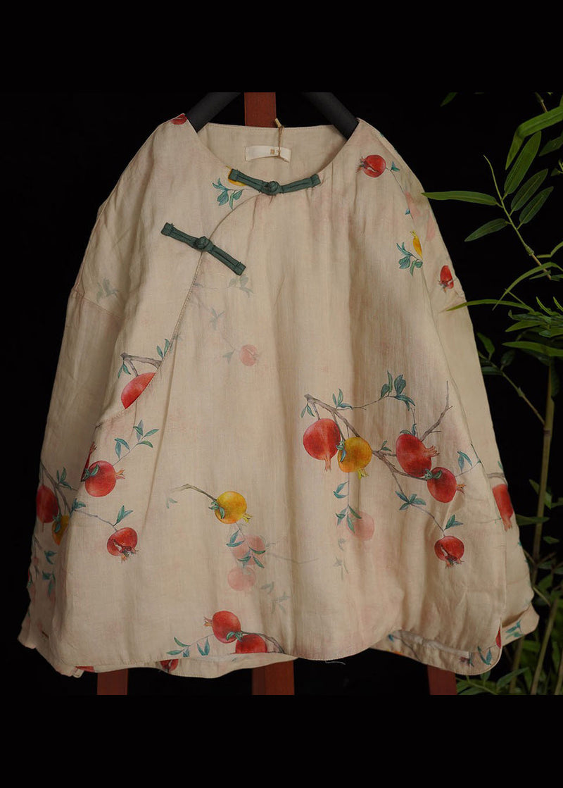 Oriental Beige O-neck Print Fine Cotton Filled Coats