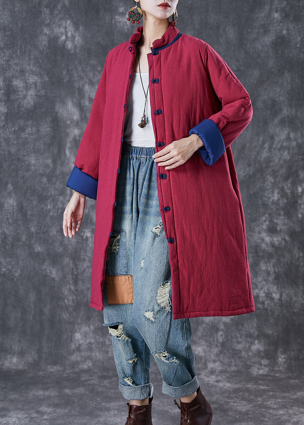 Red Chinese Button Thick Fine Cotton Filled Puffers Jackets Winter