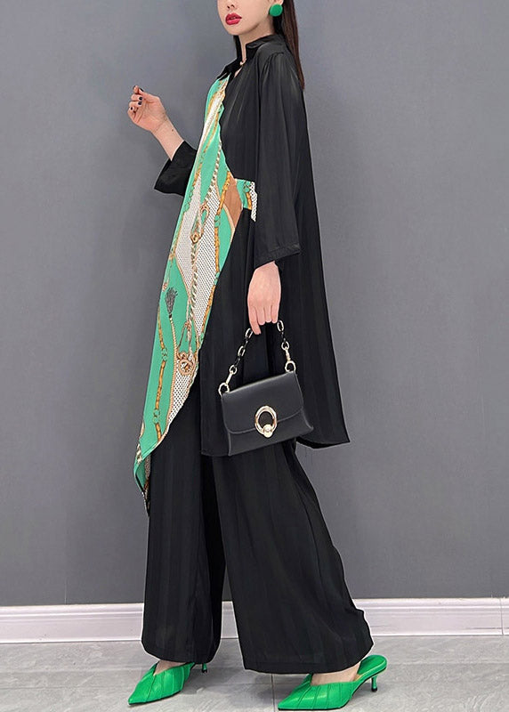 Stylish Black V Neck Asymmetrical Patchwork Chiffon Tops and Wide Leg Pants Two Pieces Set Spring