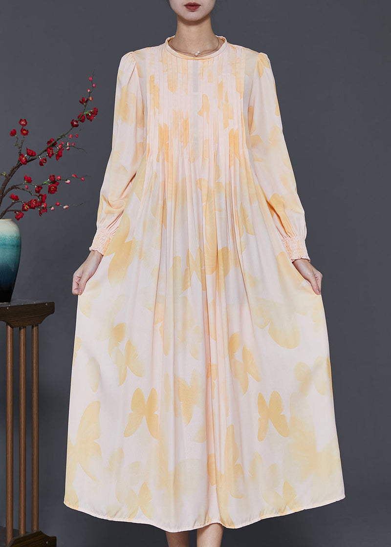 French Apricot Wrinkled Chiffon Dresses Spring