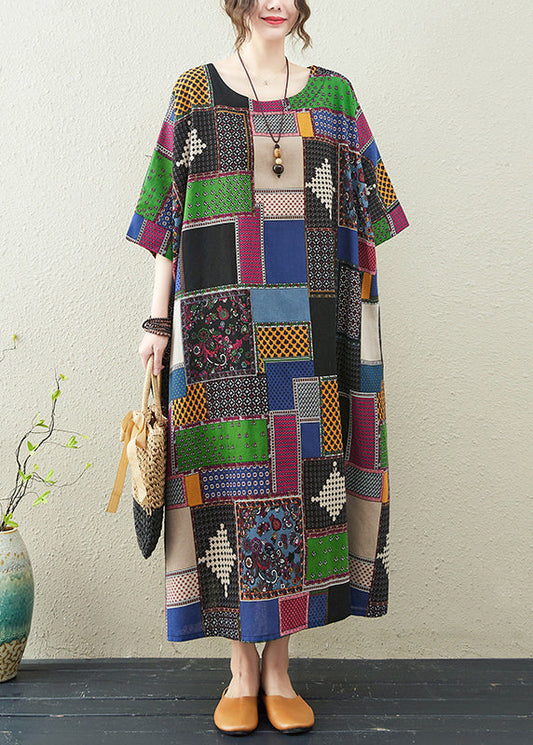 Colorblock O-neck Print Maxi Dress Summer