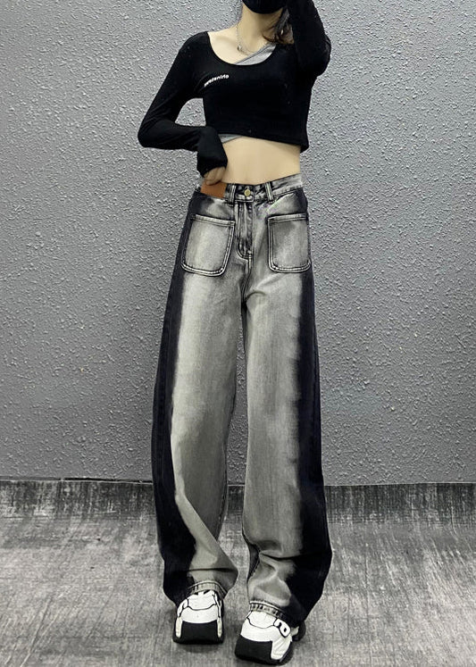 Colorblock Pockets High Waist Denim Wide Leg Pants Fall