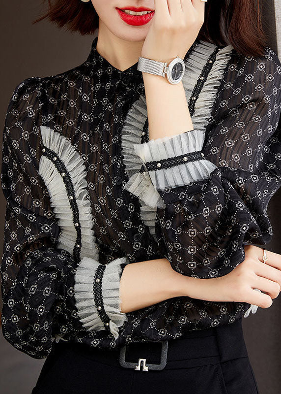 Black Stand Collar Ruffled Patchwork Print Chiffon Shirts Long Sleeve